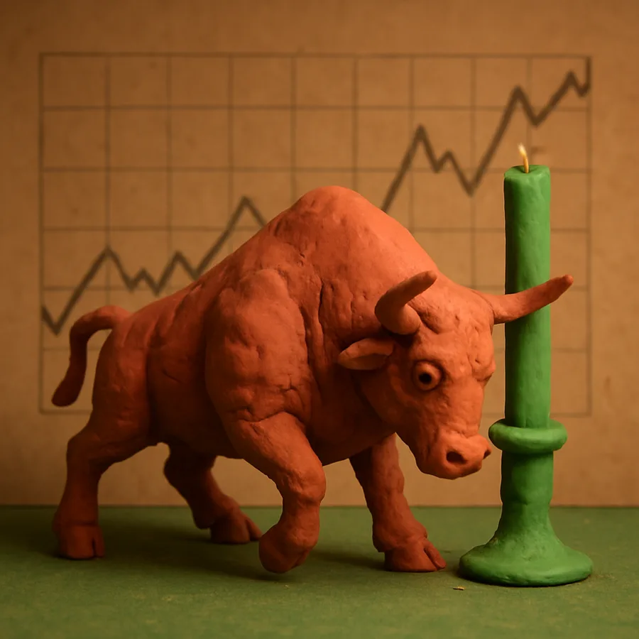 The clay bull, sculpted from brick-red modeling clay, charging a green clay candle on a cardboard tabletop set